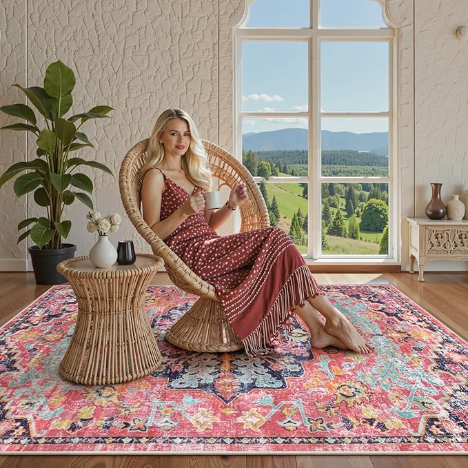 Lahome Bohemian Floral Medallion Area Rug - 4x6 Hot Pink Entryway Rug Soft Laundry Room Mat, Non-Slip Machine Washable Nursery Accent Carpet for Dorm Department Kitchen Office, Fuchsia/Multi