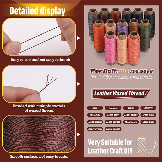 0.55 mm Round Waxed Thread, 14 Colors 76 Yards Spool Wax Coated String, Leather Sewing Waxed Thread for Sewing, Stitching, Beading, Braiding, Bracelet, Bookbinding