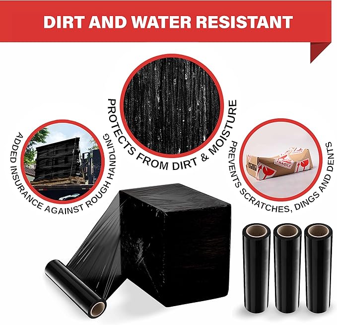 Black Industrial Strength Extra Thick 4 Pack 17.5" 1100 SqFt 80 Gauge (20 Micron) Shrink Wrap Roll for Moving, Furniture, Pallets, Packing