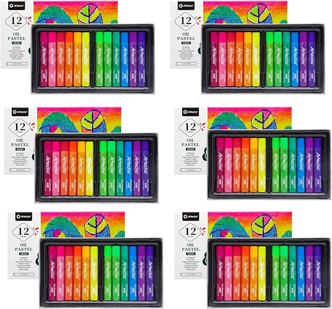 Artecho 72PCS Neon Oil Pastels Set of 12 Colors 6 Packs, Soft Oil Pastels for Art Painting, Drawing, Blending, Art Supplies for Artists, Beginners, Students, Teacher (10 x 70 mm)