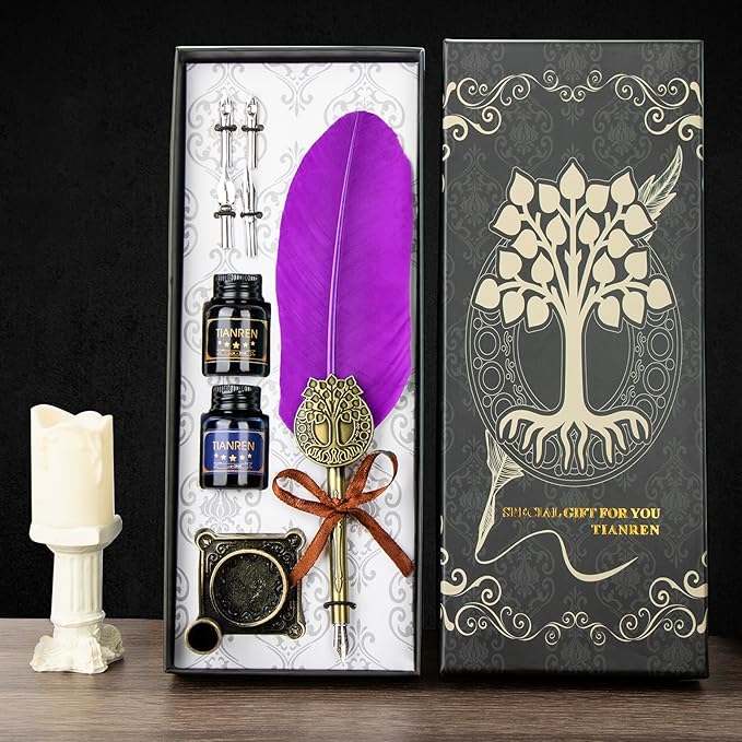 Quill pen ink set,Feather Pen and Ink Set,Antique Calligraphy Pen with 4 Replaceable Nibs,2 Bottle of ink,Feather Dip Pen Holder Christmas Gift for Men&Women.(Purple)