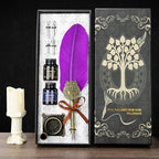 Quill pen ink set,Feather Pen and Ink Set,Antique Calligraphy Pen with 4 Replaceable Nibs,2 Bottle of ink,Feather Dip Pen Holder Christmas Gift for Men&Women.(Purple)
