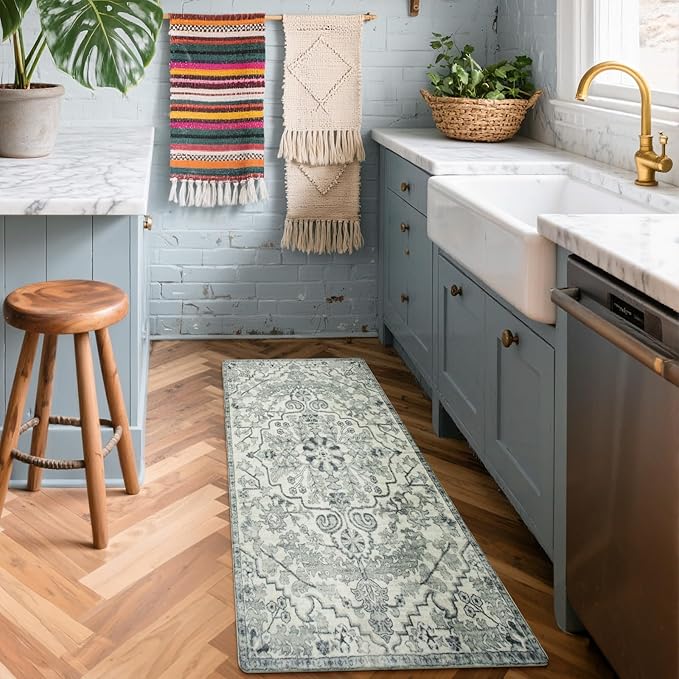Lahome Washable Runner Rug 2x5, Bohemian Laundry Room Rug Low Pile Bathroom Runner Rugs with Rubber Backing, Printed Non-Slip Throw Carpet Runners for Kitchen Hallway Bedside, Beige