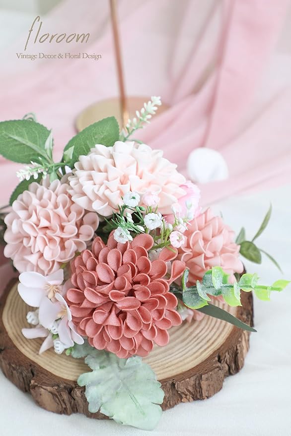 Floroom Artificial Dahlia Flowers 25pcs Real Looking Dusty Rose Shades Foam Fake Roses with Stems for DIY Wedding Bouquets Bridal Shower Centerpieces Floral Arrangements Party Tables Home Decoration
