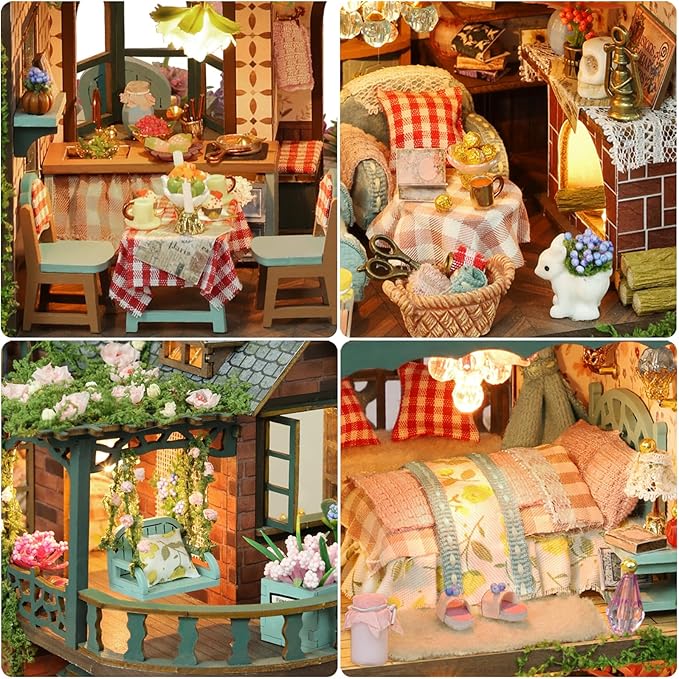 DIY Miniature House Kit - DIY Mini House Building Kit - Wooden Dollhouse Miniature Kit -Tiny Garden House Diorama Building Kits with Light - 3D Puzzle Adult Craft Unique Gift
