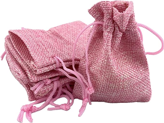 Palmhomee Pack Of 25 Burlap Gift Bags with Drawstring Linen Jewelry Pouches Wedding Hessian Jute Bags for Birthday and Treat Pouches Party Wedding Favors Gift (3.6x4.8 Inch, Pink)