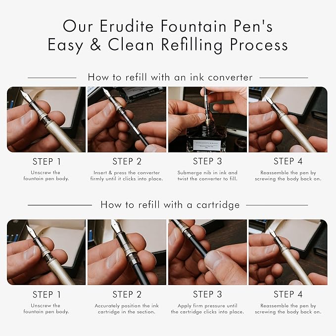 Wordsworth & Black Fountain Pen Set, 18K Gilded Medium Nib, Includes 24 Pack Ink Cartridges, Ink Refill Converter & Gift Box, Gold Finish, Calligraphy, [White Gold], Perfect for Men & Women