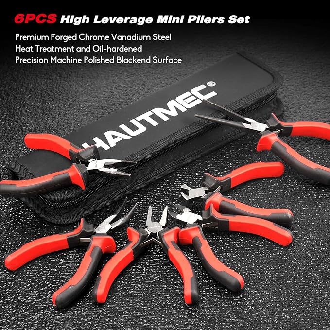 HAUTMEC 6PCS Mini Pliers Set High Leverage Multi Small Pliers Tool Set with Small Needle Nose Pliers Set, Linesman, Long Nose, Bent Nose, Diagonal Cutters, End Cutting Plier for Jewelry and Electronic