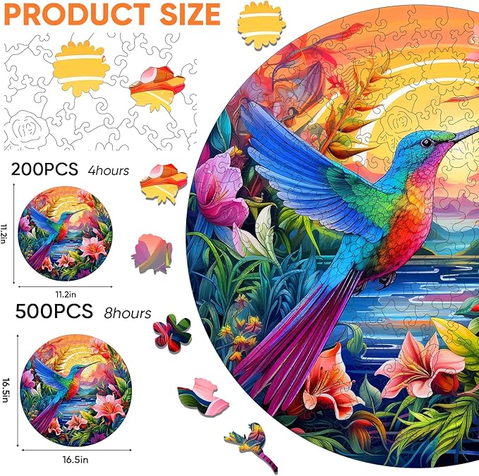 Wooden Puzzles for Adults, Hummingbird and Flower Puzzles 200 Pieces, Unique Shaped Jigsaw Puzzles for Adults and Kids, Birthday Gifts Fun Challenge Family Game 11.2'' x 11.2''