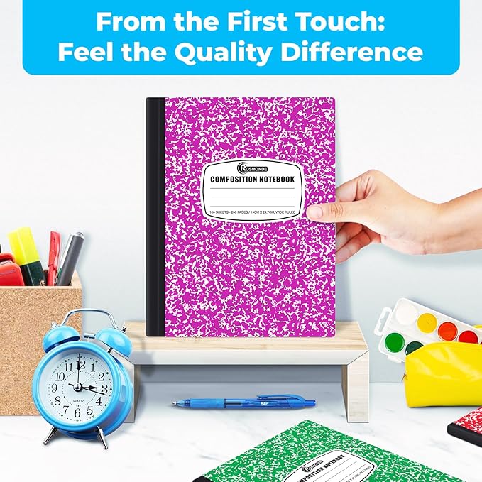 Rosmonde 12 Pack Bulk Composition Notebook Wide Ruled, 200 Pages (100 Sheets), 9-3/4 x 7-1/2", Hard Cover Wide Ruled Notebook Bulk, Assorted Colors Composition Notebook For School, Colors May Repeat