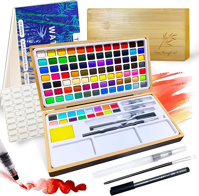 Watercolor Paint Set,100 Colors in Nature Bamboo Box,Portable Water Colors Kit with Papers and Brush Pens,Great for Kids Adults Beginners & Professionals（bamboo）