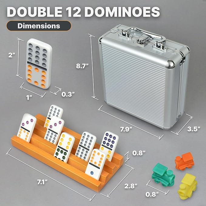 Mexican Train Dominoes Set with 4 Holders - Dominoes Double 12 with Wooden Hub and Tiles Holders - Double 12 Dominos Set for Family Game Night for Adults and Kids Ages 8 and up (D12 + 4 Holders)
