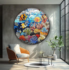 My Photostation.com 10''(25cm) Diameter Coral Reef Mosaic Round Glass Wall Art Tempered Glass Printing Wall Decor Large Wall Art Wall Hangings