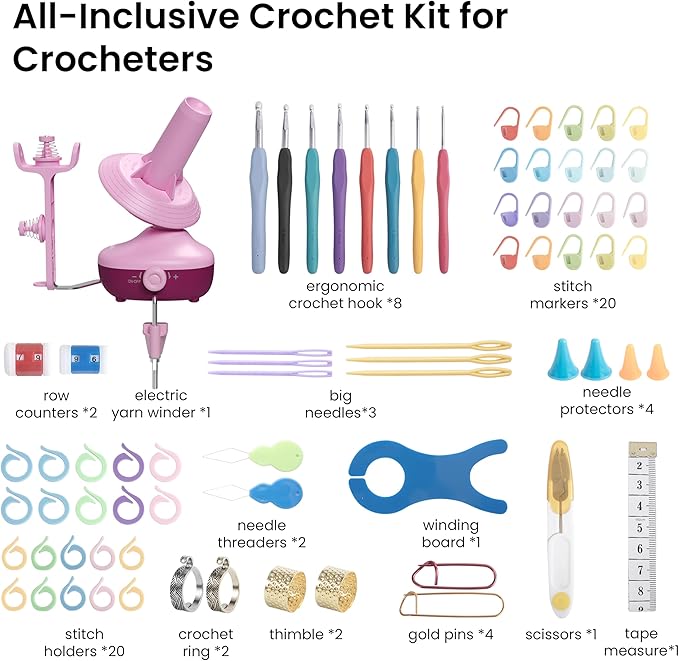 Etcokei Yarn Winder Crochet Kit, Electric Ball Winder for Knitting, Automatic Yarn Spinner with Crochet Hook Set, Crochet Accessories and Supplies, Ideal Helper for Knitting Lovers(Purple)