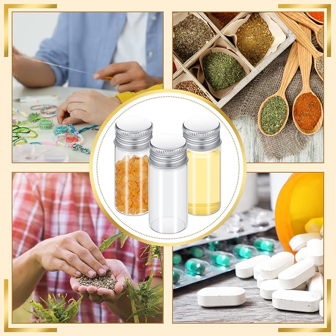 100 Pcs Small Clear Vials Spice Mini Jars with Lids Mini Glass Bottles with Screw Aluminum Metal Caps Tiny Jars Sample Containers for Powder Cream Cosmetic Jewelry Wedding (10 ml,Silver Caps)