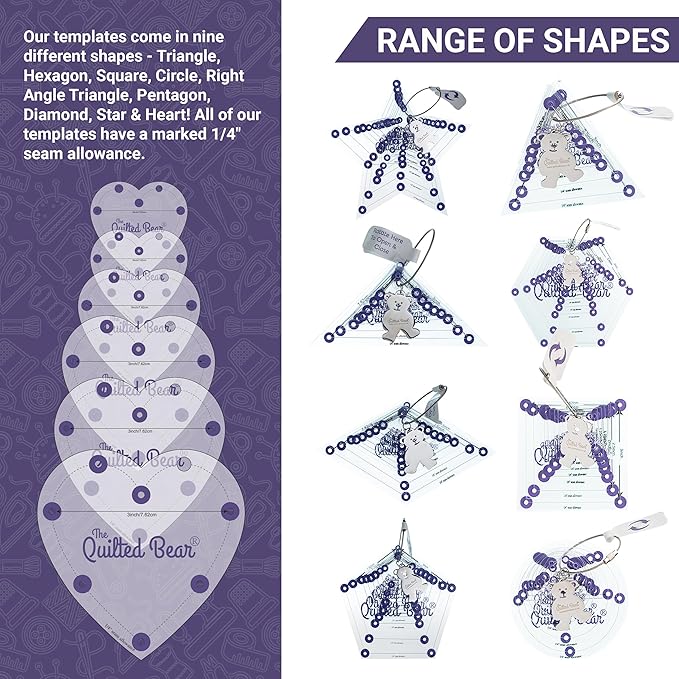 The Quilted Bear Flower Quilting Templates – 8 Clear Non-Slip Acrylic Quilt Templates for Precise Fabric Cutting & Stress-Free Machine Quilting - Ideal for Quilt & Sewing Supplies (¾–3")