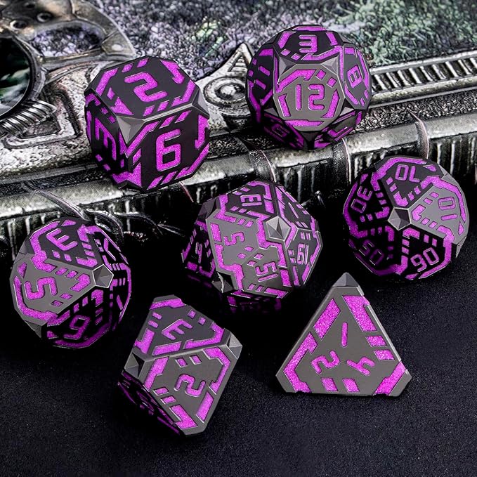 Metal DND Sci-fi Dice Set 7PCS Luminous Purple Stripe Polyhedral Dice for Dungeons Dragons RPG Role Playing Game, Glitter D and D Dice with Gift Box D6 D8 D10 D12 D20
