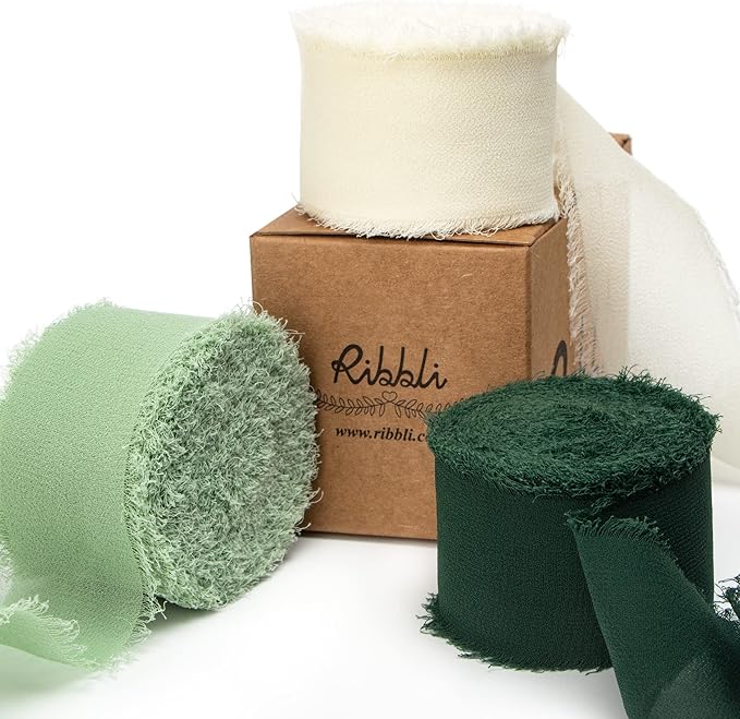 Ribbli Green Chiffon Ribbon1.5 inch x 30 Yard Handmade Silk Ribbon for Wrapping,Ivory Sage Forest Green Fringe Chiffon Ribbon for Wedding Invitations, Bridal Bouquets, Flower Arrangement Decoration