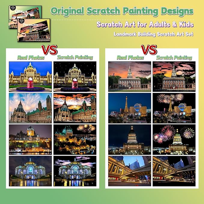 Scratch Art Painting Kit for Adults-8 Sheets A4 Rainbow Scratch Painting Paper Craft Set with City Landmarks|Stress Relief Gift for Travel&Craft Lovers|Scratch Art Home Decor(American Series)