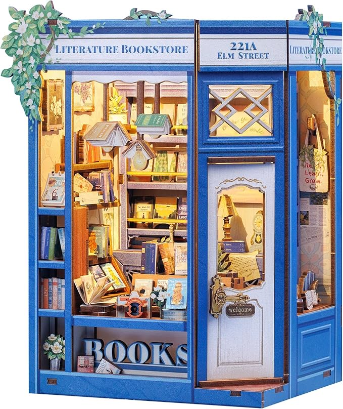 Fsolis Book Nook Kit - DIY Miniature Dollhouse Kit 3D Puzzles for Adult Tiny House Mini Booknook Craft Bookshelf Decor, 186 Wooden Pieces, Gifts for Women Teenagers Book Lovers (Literature Bookstore)