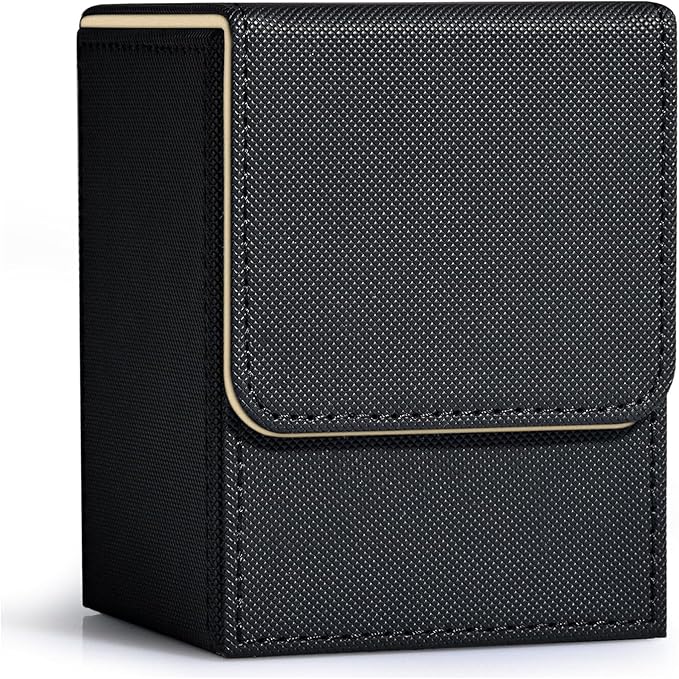 ZLCA Card Deck Box for Trading Cards, MTG YuGiOh Deck Case Holds 100+ Single Sleeved Cards, PU Leather Magnetic Card Storage Box Fits for TCG CCG Magic Game Cards (Black& Gold)