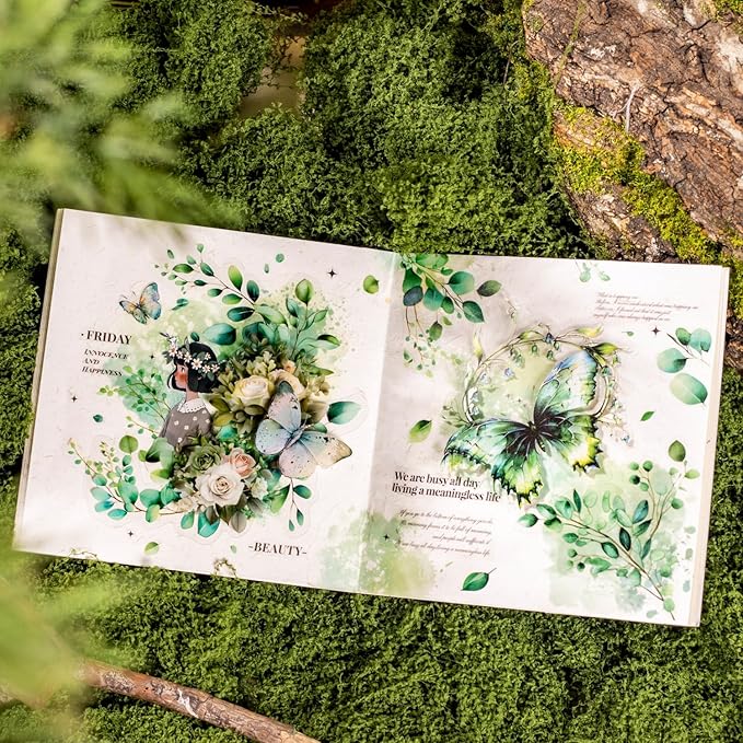 120Pcs Forest PET Scrapbook Stickers Botanical Designs for Scrapbooking Waterproof Journaling Supplies Junk Journal Ephemera with Storage Organizer