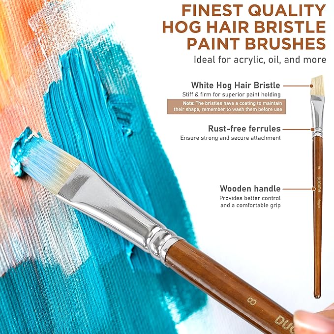 10pcs Short Handle White Hog Hair Artist Paint Brush Set by DUGATO Perfect for Acrylic Oil Gouache Watercolor, Painting Brushes Kit for Kids, Adults Fabulous for Canvas & Fabric