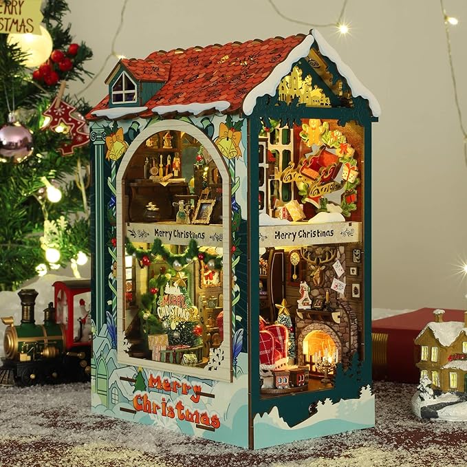 Christmas Book Nook Kit - DIY Miniature House Dollhouse Kit for Adults and Teens, Booknook Bookshelf Insert Christmas Decorations, Gifts for Family and Friends (Merry Christmas)