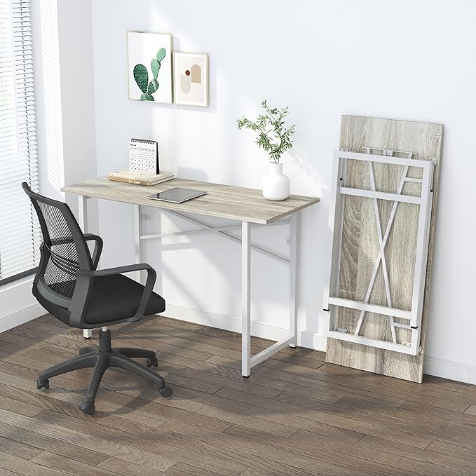 Folding Desk 47 inch No Assembly Required Home Office Table, Writing Gaming Computer Camping Desk, Beige