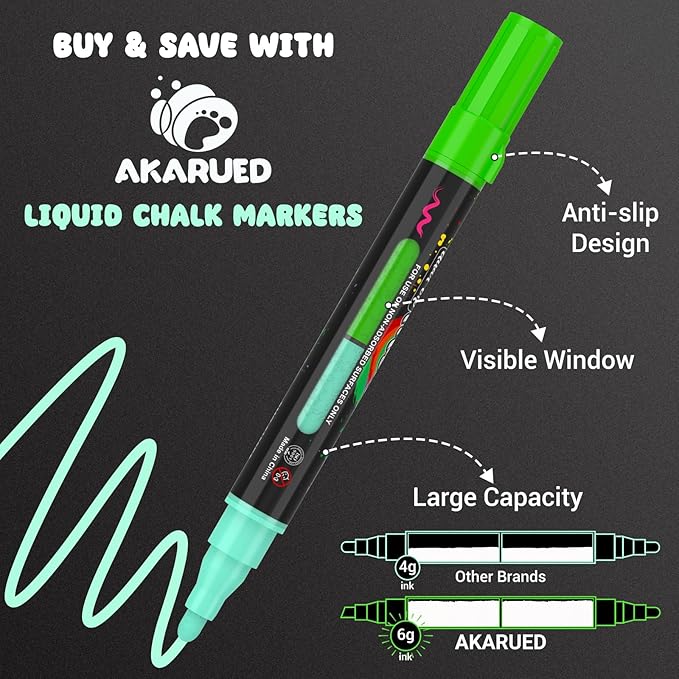 AKARUED Chalk Markers for Blackboard: 16 Colors 8 Pack Dual Tip Liquid Chalk Markers for Chalkboard, Calendar Menu Board Erasable Chalk Pens for Glass, Mirrors, Wedding Sign, Car Windows Decorations