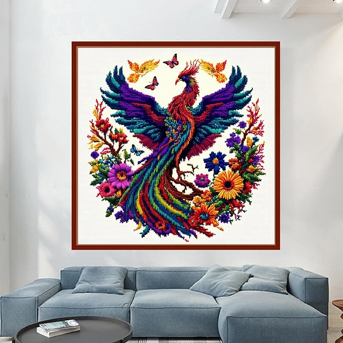 Dimensean Stamped Cross Stitch Kits Full Range of Embroidery Patterns Starter Kits for Beginners Adult or Kids DIY Cross Stitches Needlepoint Kits 11CT-Colorful Phoenix 17.7x17.7 inch