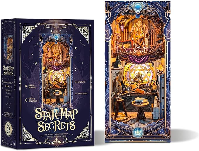 DIY Book Nook Kit, Miniature Dollhouse Booknook Kit, 3D Wooden Puzzle Bookend Bookshelf Insert Decor Diorama Kit with LED Light for Teens and Adults (Star Map Secrets)