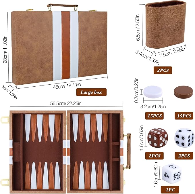 Backgammon Set 2 Players Classic Backgammon Sets for Adults Board Game with PU Leather Case Portable and Travel Backgammon Set (Retro Brown, 18inch)