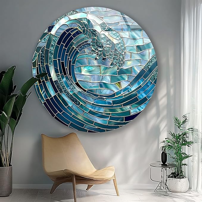 My Photostation.com 27.5''(70cm) Diameter Ocean Wave in Blue Mosaic Round Glass Wall Art Tempered Glass Printing Wall Decor Large Wall Art Wall Hangings