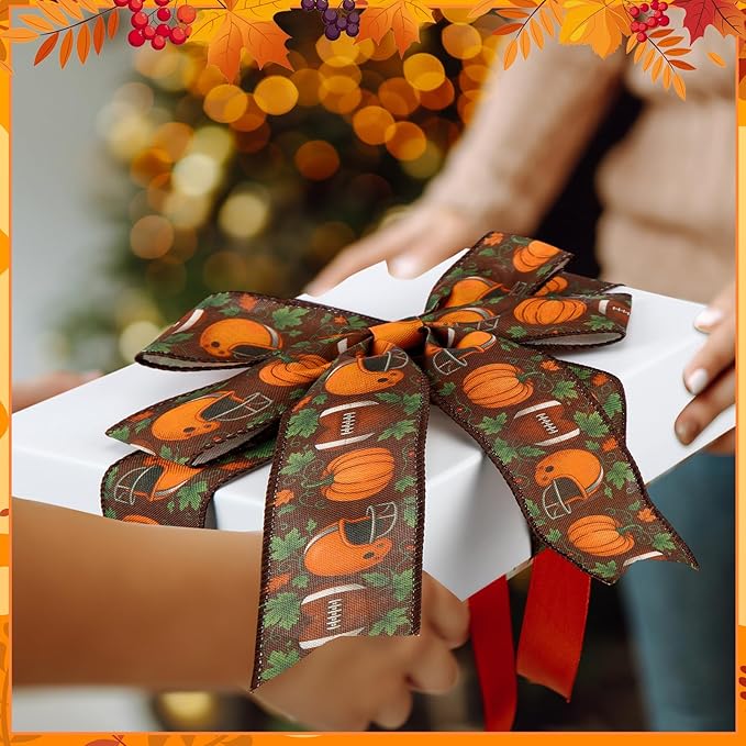 12 Rolls Fall Football Wired Edge Ribbon for Wreaths 2 Inch x 60 Yards Maple Leaves Pumpkin Football Print Ribbon Crafts for Thanksgiving Harvest Party Decorative Supplies, 12 Styles