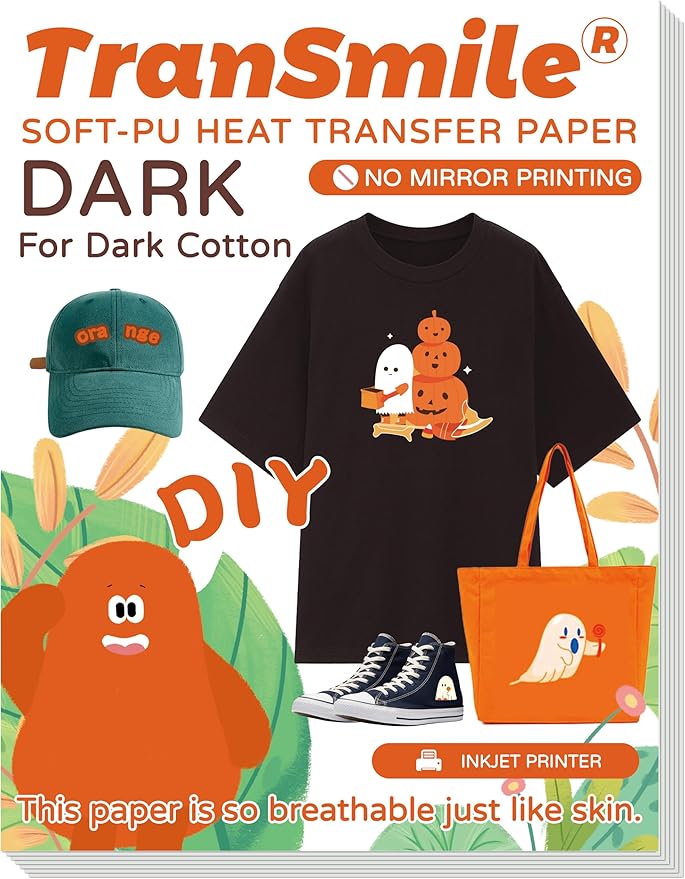 TranSmile PU-Heat Transfer Paper for Inkjet Printer (30 Sheets, 8.5x11", Dark) Iron on Transfers for Dark Fabric, Printable Heat Transfer Vinyl for T Shirts, Vibrant & Washable