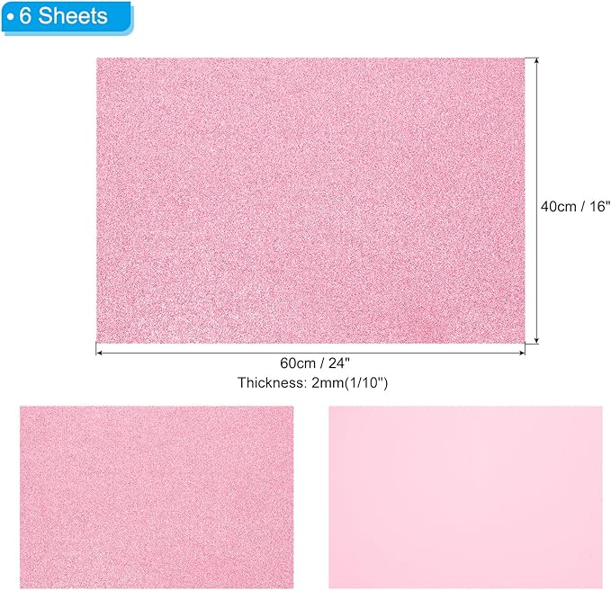 PATIKIL 2mm(1/10") Thick Non Adhesive Glitter Foam Sheet 16x24inch(40x60cm) Pink, EVA Shiny Foam Board for Craft, 6 Pcs