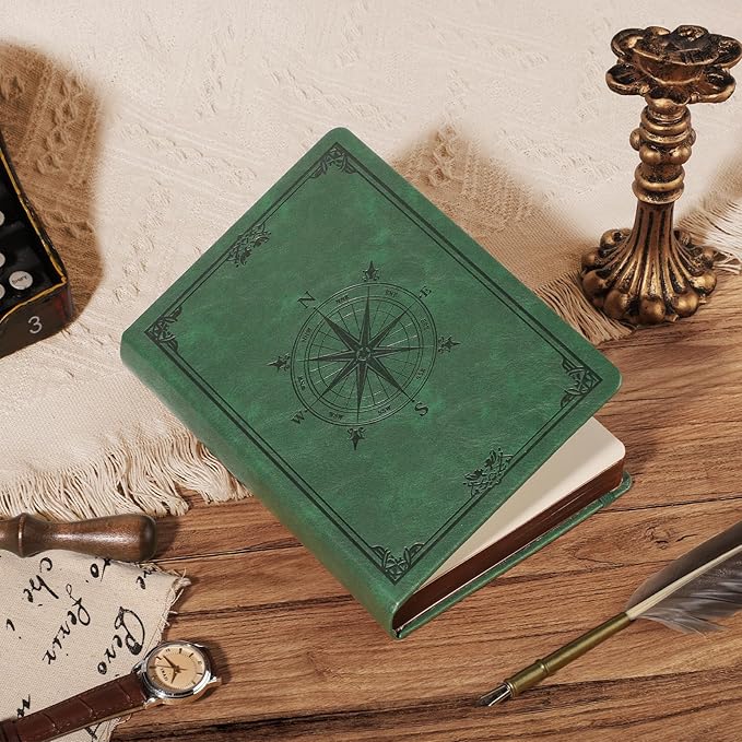 AHGXG Thick Journal Blank Notebook for Men - 320 Numbered Pages A5 Notebook for Writing, 100gsm Plain Paper, Vintage Leather Hardcover, for Women Work Office School, 5.75'' X 8.38''- Dark Green