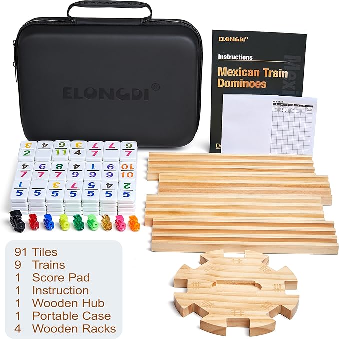Mexican Train Dominoes Set with 4 Wooden Trays/Racks and Portable Carrying Case,Travel Colorful Double 12 Dominoes - 91 Numbered Tiles,for Kids and Adults