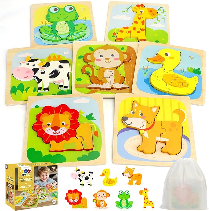 TOY Life Toddler Puzzles Ages 2-4, Wooden Puzzles for Toddlers 1-3, 7 Pcs Animals Puzzle 2 Year Old, Montessori Toddler Boys Girls Toys 2-3, Educational Gift Learning Toys for 2 Year Old