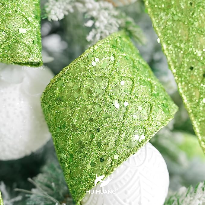 HUIHUANG Lime Green Wired Ribbon for Christmas Tree 2.5 inch Lime Green Glitter Diamond Mesh Ribbon for Tree Decoration, Wreaths, Garland, Gift Wrapping, Bows Making, Halloween Decor -10 Yards