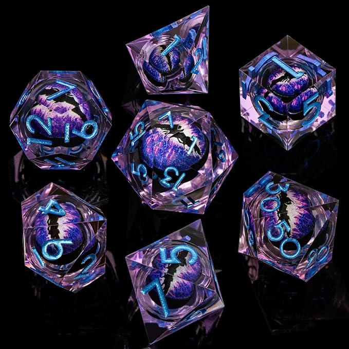 ARUOHHA DND Resin Dice Dragon Eye Dice Liquid Core Purple Sharp Edged Dice Set with Gift Box, Polyhedral D and D Dice Set Compatible with Dungeons Dragons Role Playing Game D20 D12 D10 D8 D6