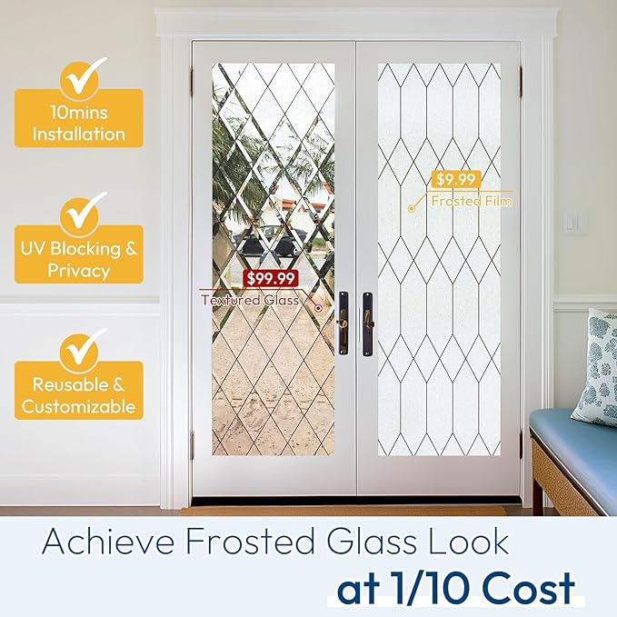 rabbitgoo Window Privacy Film for Glass Windows, Frosted Glass Cling with Decorative Moroccan Lattice, Removable Heat Control Sun Blocking Door Covering Sticker for Home Bathroom, 29.5 x 78.7 inches
