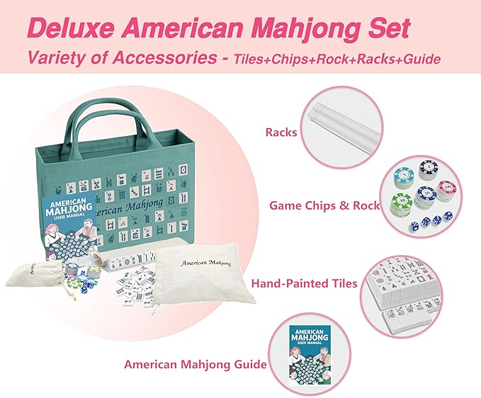 American Mahjong Tile Set – Complete 166 Tiles with Deluxe Accessories, 4 Racks, 100 Colorful Chips, Instruction Book & 1+3 Mahjong-Themed Storage Bags, Portable Mahjong Set for Family Fun & Holidays