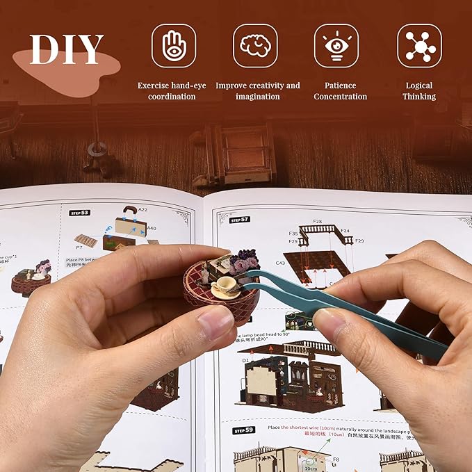 Book Nook Kit Music, DIY Miniature House Kit Book Nook, 3D Wooden Puzzle Bookshelf Insert Diorama Kit with Led Light for Teens and Adults (Timeless Melody)