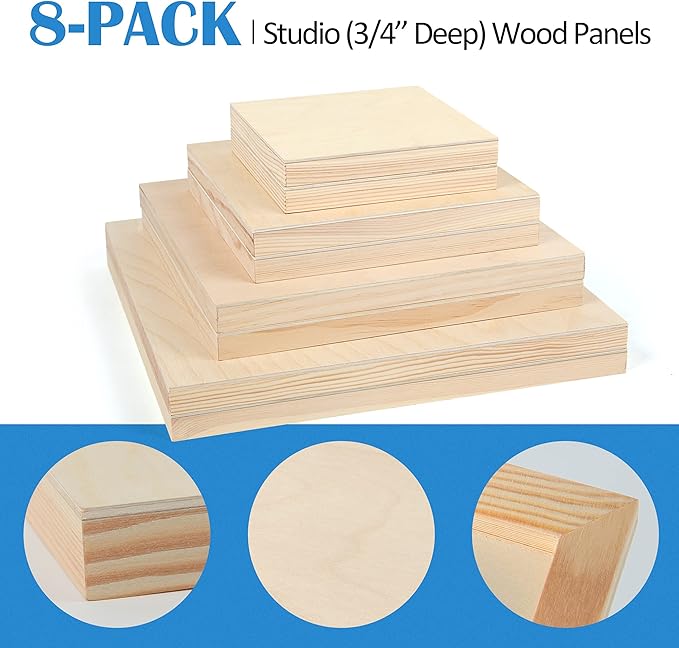 Falling in Art Unfinished Birch Wood Canvas Panels Kit, 8 Pack of 4 Sizes Studio 3/4’’ Deep Cradle Boards for Pouring Art, Crafts, Painting, and More