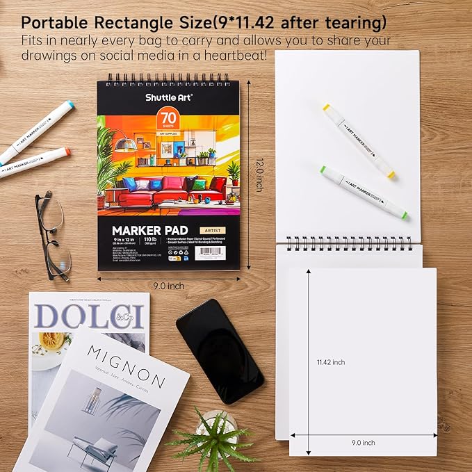 Shuttle Art Marker Pad, 12”x9” Portable Sketchbook, 70 Sheets Marker Drawing Paper, 110LB/180GSM Smooth Surface Bleedproof Art Paper, Spiral-Bound, Great for Artists to Draw, Paint & Sketch