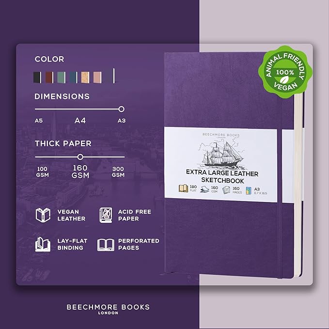 Beechmore Books A3 Sketchbook – 11.7x16.5 Premium Vegan Leather Bound Extra Large Sketch Book Hardcover, 160gsm 160 Perforated Ivory Pages, Blank Sketch Pad, Gift Boxed, Back Pocket, Ribbon Bookmark
