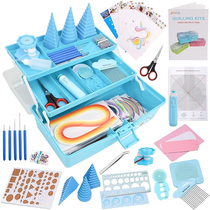 JoyPlus Quilling Kits for Beginners with Manual, 24 Tools & Supplies with Durable Storage Box, Updated Paper Crimper Tool, Premium Husking Board & Electronic Pen Blue