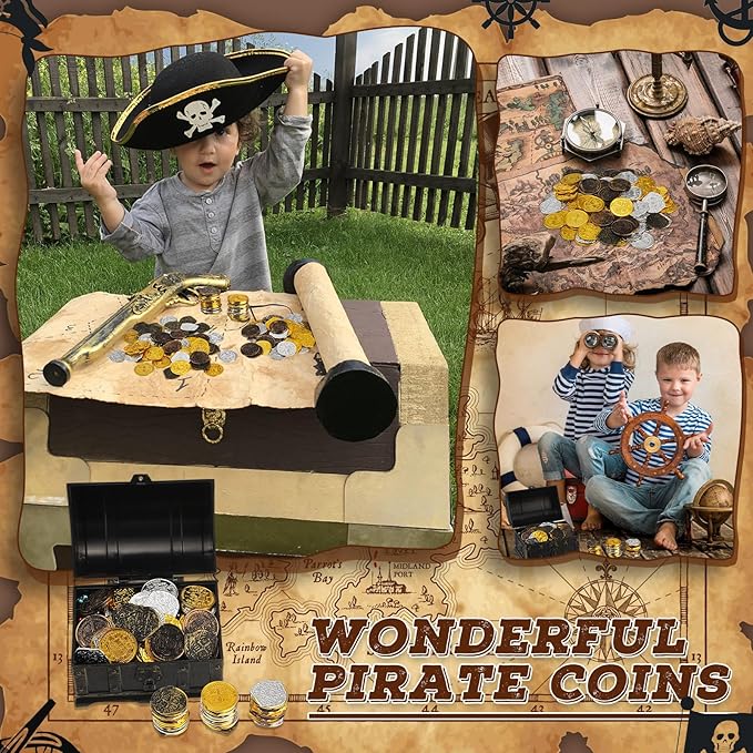 Hanaive 100 Pcs Pirate Coins Plastic Coins Kids Fake Play Coins Replica Spanish Doubloons St. Patrick's Coin for Pirate Party Treasure Chest Board Games Tokens Toys Cosplay (Gold, Silver, Bronze)